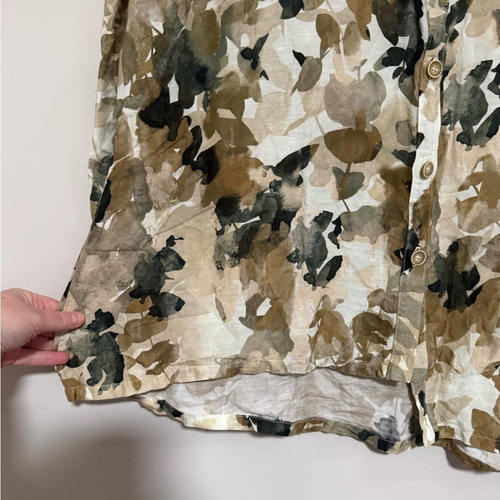 Lisa Bayne Floral Linen Blend Asymmetrical Button Up Top Size XL Lagenlook Artsy - Picture 7 of 10